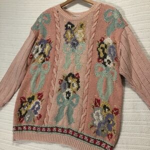 Chaus Woman Floral Knit Sweater Pink‎ Cable Knit Pullover 2X